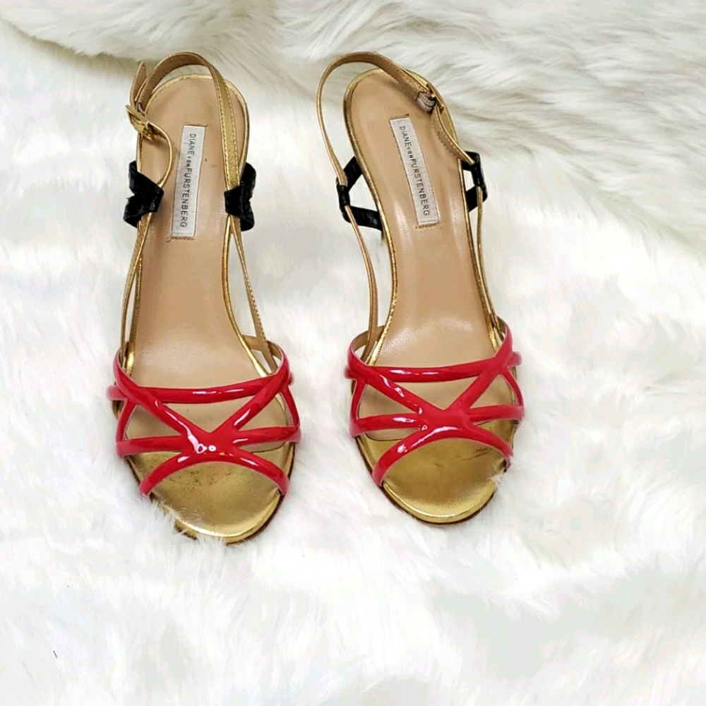 Red Strappy Heeled Sandals Diane Von Furstenberg DVF Women Size 9B Dress Shoes